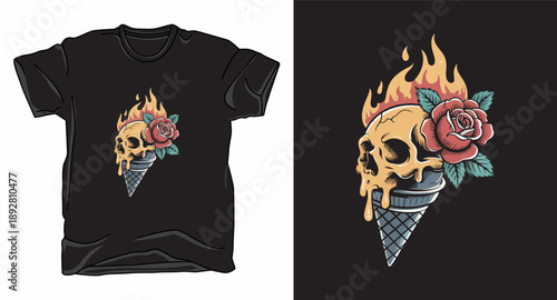 Creative ice cream skull t-shirt design with melting flames and rose
