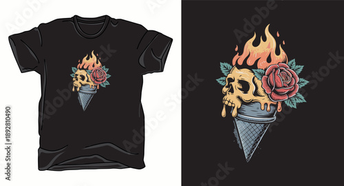 Flaming skull ice cream cone with rose flower t-shirt design