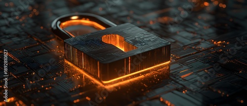A digital padlock, a symbol of cybersecurity, glows brightly amidst a circuit board background, representing the protection of data in the digital age.