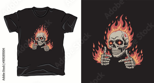 Flaming skull pointing fingers with star eyes for rock and roll t-shirt graphic
