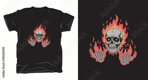 Skeleton head with shaka hand gestures and burning fire for urban streetwear