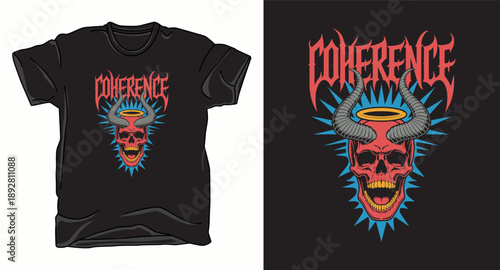 Coherence red skull with horns and halo surrounded by blue rays t-shirt design
