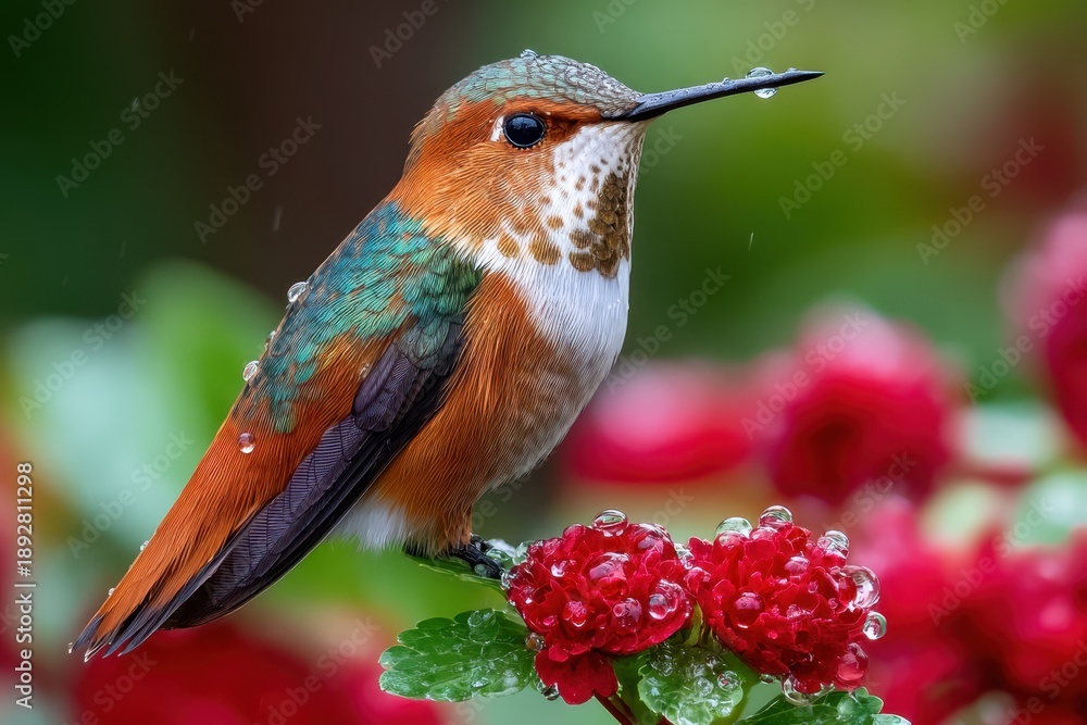 Fototapeta premium Hummingbird perched on vibrant flowers with raindrops in a lush garden setting