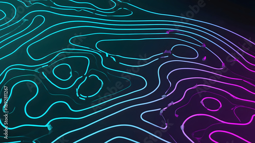 Vibrant neon topographic map with glowing blue and purple lines.
