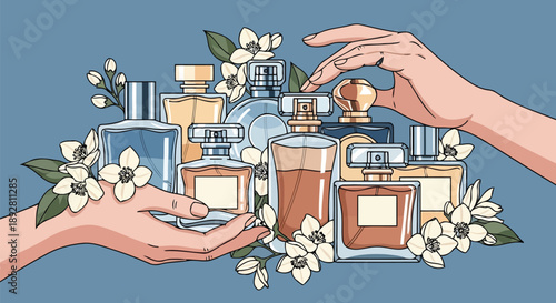 Perfume bottles and flowers with female hands vector illustration