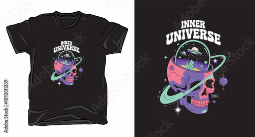 Creative skull t-shirt design with inner universe space theme and planets