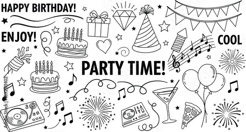 Birthday party doodle icons collection featuring cakes balloons music fireworks gifts celebration hand drawn outline illustration set for fun events