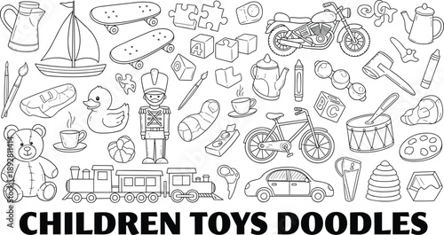 Children toys doodle icons collection featuring playful hand drawn sketches of vehicles animals games objects for kids illustration set design vector