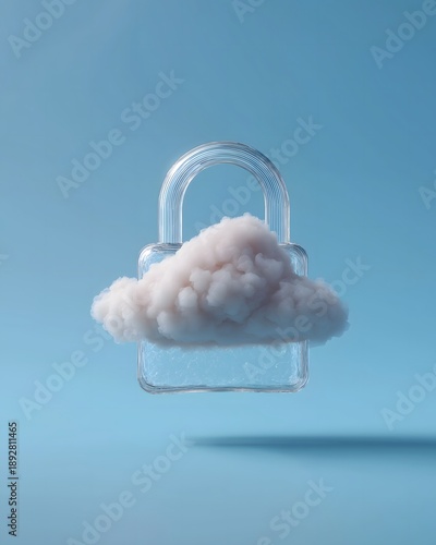 A conceptual image of a glass padlock encasing a fluffy cloud, symbolizing the secure storage of data within the cloud.