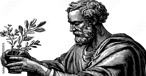 Vintage botanical scene featuring classical statue holding plant