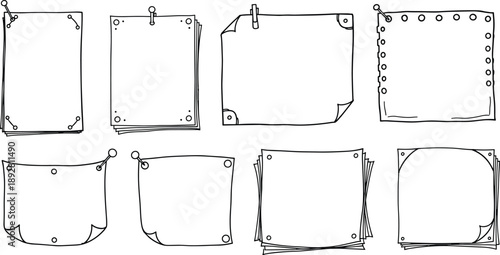 Hand drawn paper note doodle set with blank sheets clips and pins outline illustration for menu design restaurant branding