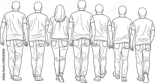 Minimalist line art illustration of people walking away seen from back view, casual group movement concept isolated on white background