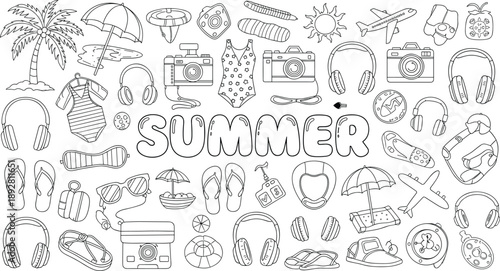 Summer doodle icons collection featuring beach travel vacation accessories sunshine relaxation hand drawn outline illustration set for seasonal holiday design