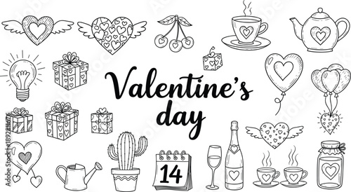 Valentine’s day doodle icons collection featuring hearts gifts love symbols romantic hand drawn outline illustration set for holiday celebration design