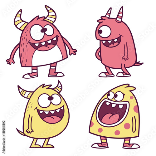 Adorable cute monster cartoon characters showcasing funny expressions, ideal for lighthearted designs and creative projects