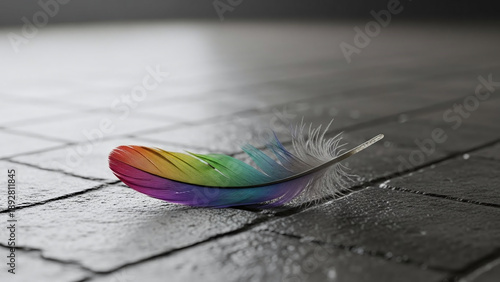 A vibrant rainbow feather lies on a wet gray tile floor