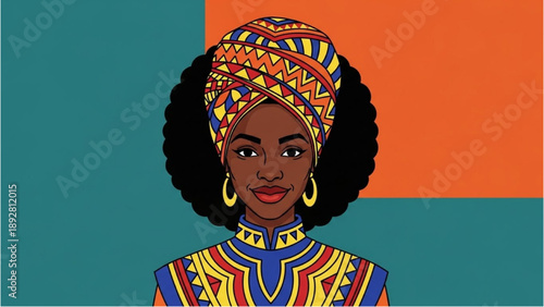 Vibrant illustration of a woman wearing traditional African clothing and headwrap, showcasing cultural heritage and elegance