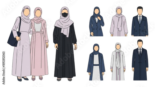 Diverse illustrations of people in traditional attire and business wear standing together