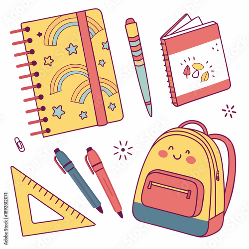 Adorable cute school stationery elements like notebooks, pens, rulers, and pencils, adding charm to educational designs