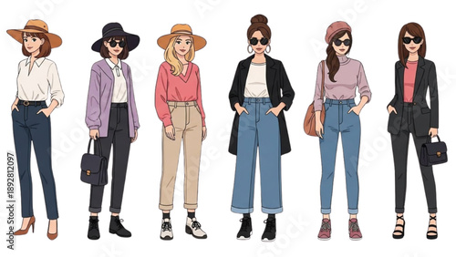 Fashionable women in various stylish outfits and accessories posing confidently for a fashion illustration from a front view