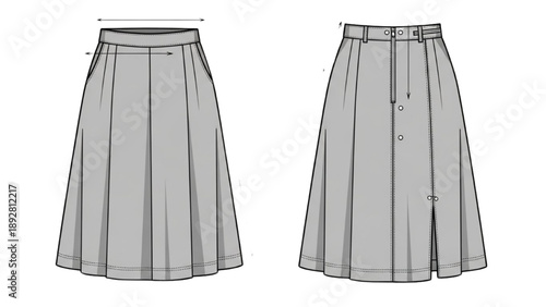 Technical drawing of a pleated skirt with waistband and buttons from front and back views