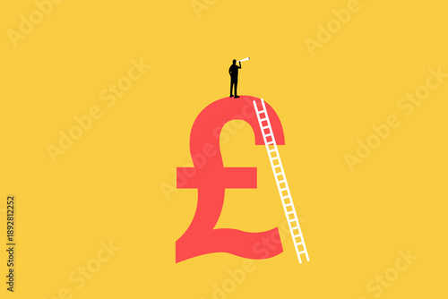 Businessman investor standing on pounds currency sign using binocular to see market future. concept of Europe financial visionary, economic forecast for European countries