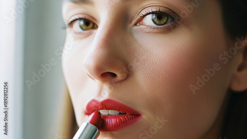 A beautiful woman applying red lipstick in a natural light setting