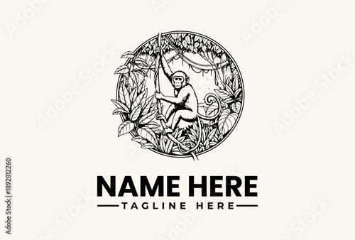 Black and white illustration of a monkey sitting in a jungle circle with leaves and vines, surrounded by a logo placeholder with a name and tagline on a beige background.