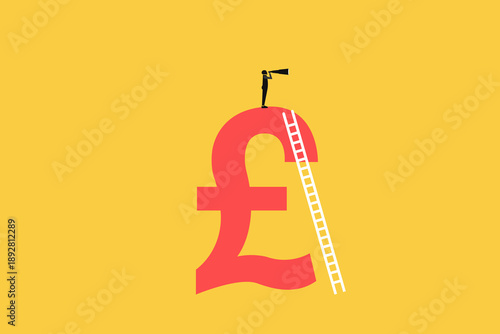 Businessman investor standing on pounds currency sign using binocular to see market future. concept of Europe financial visionary, economic forecast for European countries