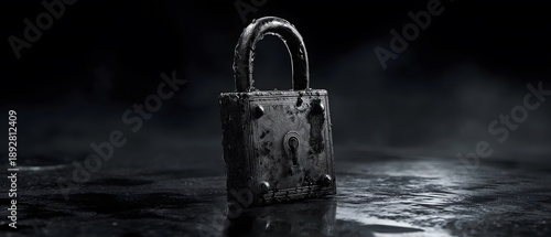 An old, weathered padlock stands strong, symbolizing security, privacy and the concept of something locked away, against a dark, moody background.