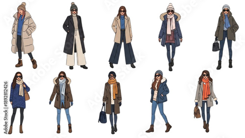 Fashionable women walking alone in various outfits and coats from different viewpoints
