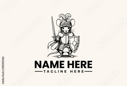 A medieval knight in armor with a sword and shield on a clean white background, featuring placeholder text for a logo or brand name, presented in a vector illustration style with a bold and