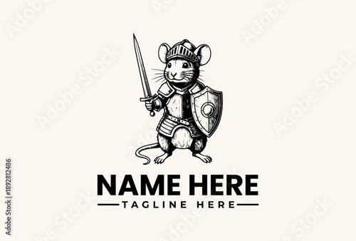 A black and white illustration of a knight mouse holding a sword and shield with a crown on its head, standing against a clean white background with space for a logo and tagline.