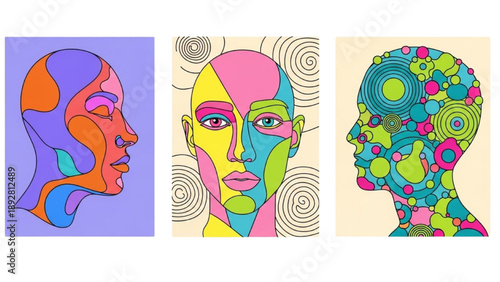 Vibrant abstract portraits of people in various colorful styles and patterns