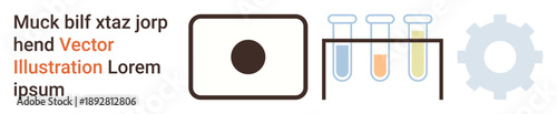 Medical research, laboratory testing, innovation, biological analysis, diagnostics, and scientific problem solving. Microscope slide, test tubes and gear icon . Laboratory testing and innovation