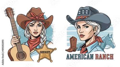 Two cowgirls standing together with cowboy hats and musical instruments on an American ranch