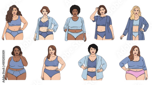 Diverse women in various swimwear and casual clothing posing confidently in a grid layout illustration