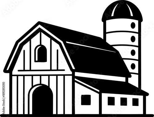 Black and white traditional farm barn and silo building. Rural agriculture and country living concept. Vector illustration farming icon