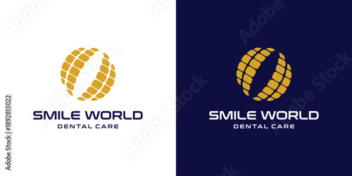 Minimalist dental care logo with teeth forming a globe or world smile symbol