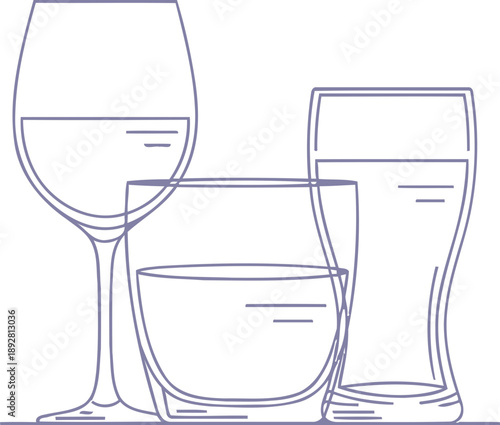 Group of glass drinkware showing wine glass whiskey tumbler and beer pint. Drink liquor alcohol beverage concept. Outline vector illustration