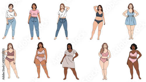 Diverse women in various poses and outfits showcasing different body types and styles in a studio setting from a front viewpoint