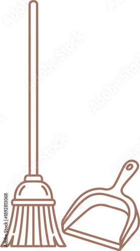 Broom and dustpan icon, housekeeping equipment concept, for cleaning service graphic element or household task symbol minimalist vector