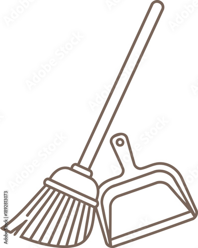 Outline icon of a broom and dustpan leaning together. House cleaning and tidiness concept. Vector illustration for house chores and tools icon