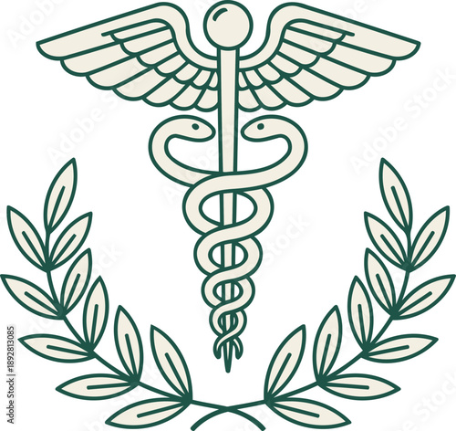Traditional tattoo style vector illustration of a caduceus symbol with a laurel wreath, representing medicine and healthcare for web design