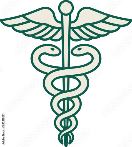 Traditional tattoo style vector illustration of a caduceus symbol for medicine concept, health care, or pharmacy design element