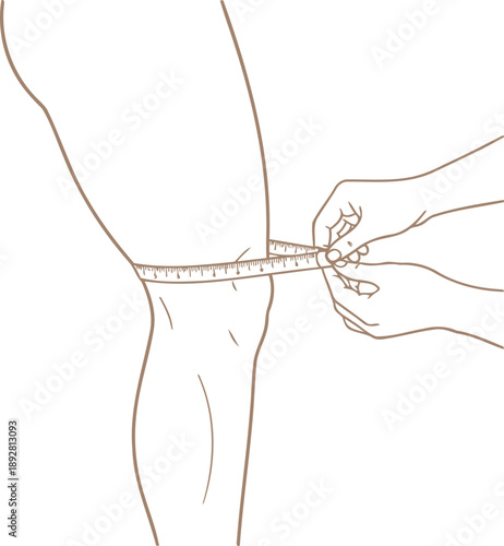 Woman measuring her knee circumference with a tape measure. Health and fitness body measurement concept. Outline vector illustration for medical poster, sport design