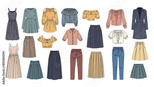 Collection of various clothing items arranged neatly from dresses to pants on a clean white surface from a top-down viewpoint