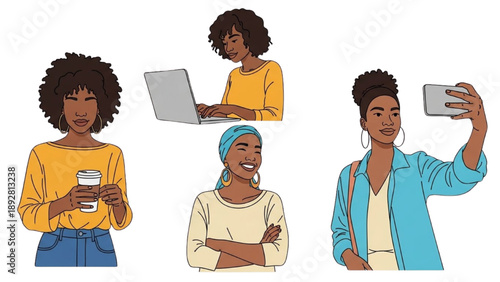 Young woman engaging with digital devices in various relaxed poses and attire