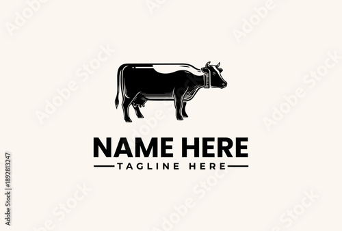 A black cow logo with a placeholder name and tagline on a beige background, featuring a vector illustration style with a simple and modern design.