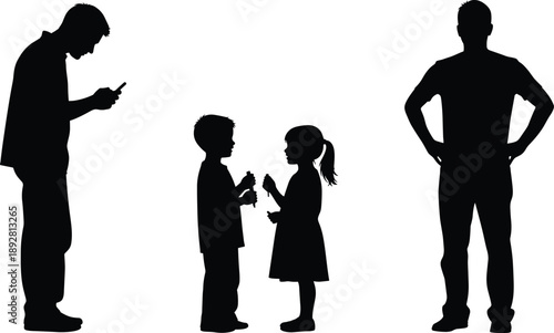 Family silhouette showing father using smartphone, children talking together and adult standing confidently, social behavior, communication gap concept black and white illustration